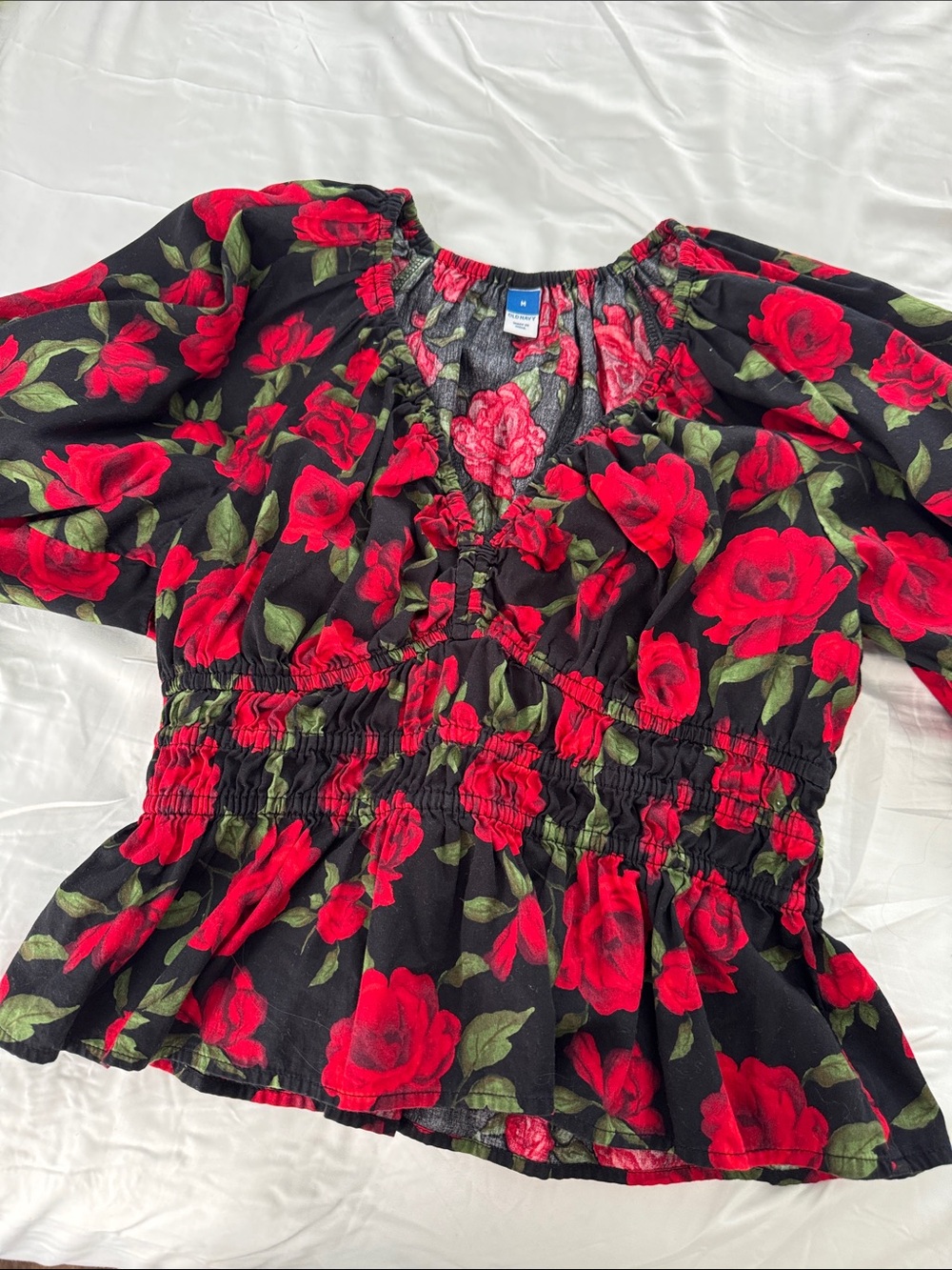 Old Navy Black Peplum Blouse with Red Rose Print